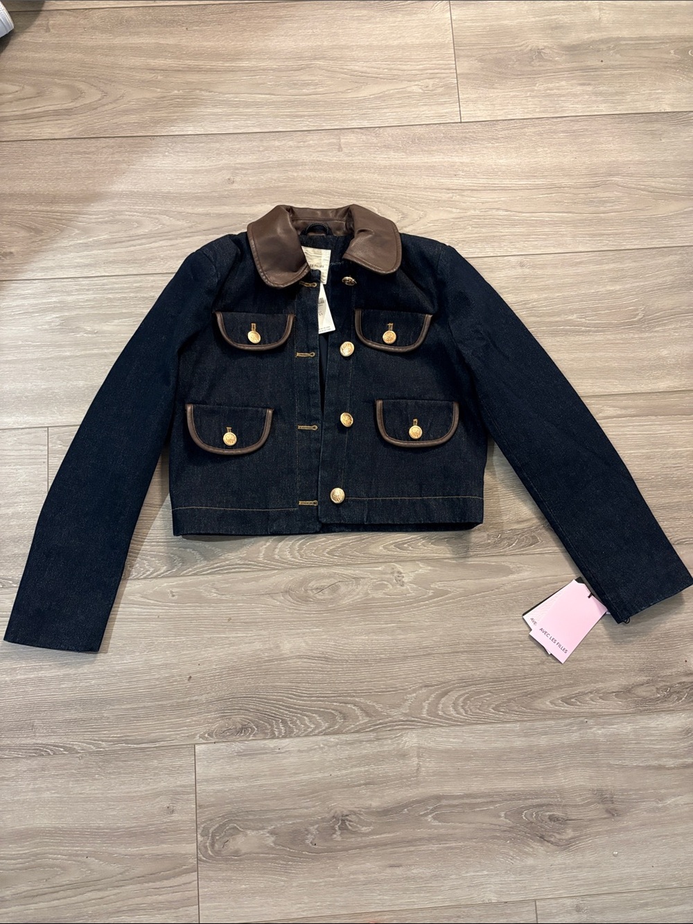 Anthropologie Avec Les Filles Dark Blue Denim Jacket with Brown Trim - Picture 2 of 4